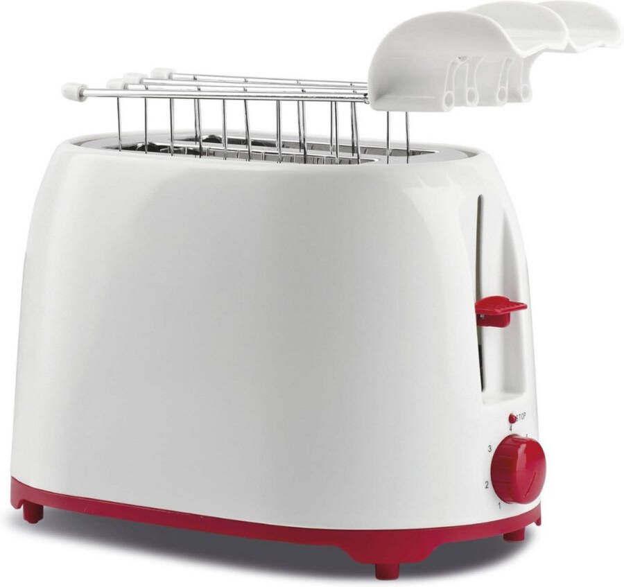 MMM Tosti Apparaat Broodrooster met Tostiklemmen Tosti Broodrooster Tangen van Roestvrij Staal met Kruimelvanger Wit Rood- ‎27 cm x 18 cm x 17 cm