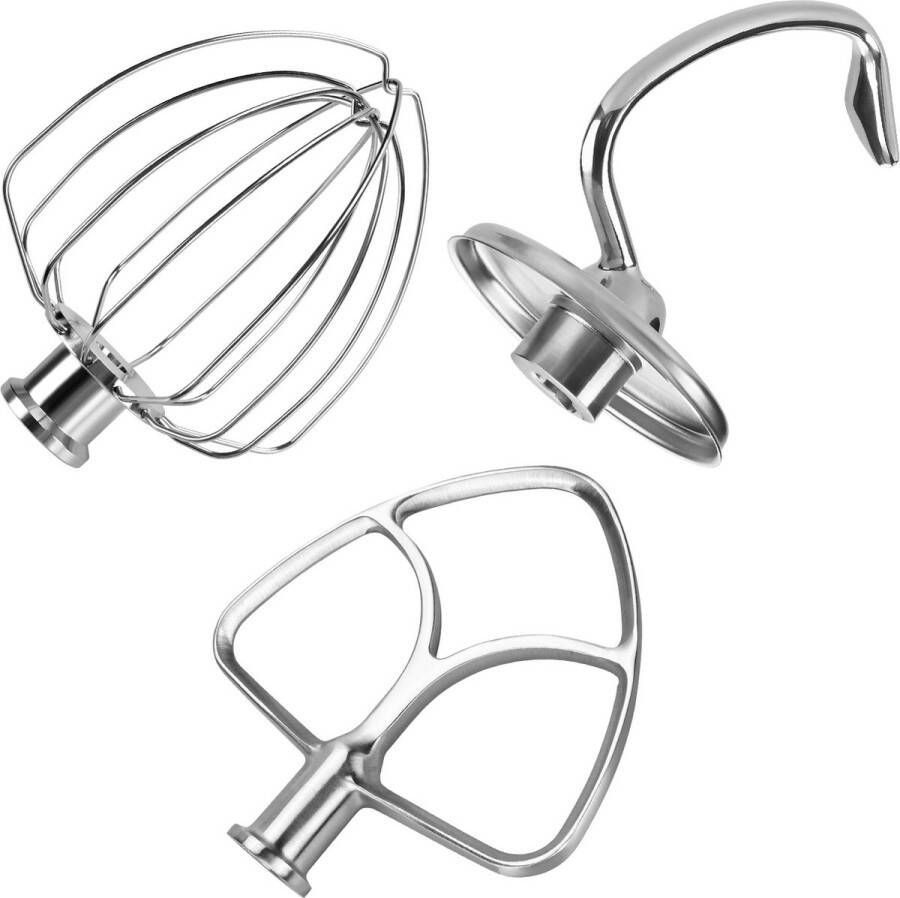 MMOBIEL Roestvrijstalen 3-Delige Accessoireset voor KitchenAid 4.3 4.7 4.8L Tilt-Head Stand Mixers Artisan & Classic Series van K45 6-Draads Garde Platte Mixer en Deeghaak – Vaatwasmachinebestendig