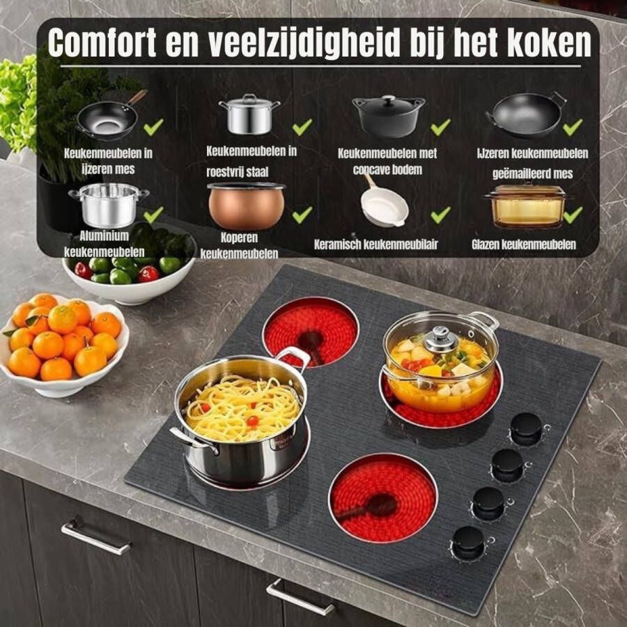 MMP Elektrische Kookplaat 4 Pits Elektrische Fornuis Elektrische Kookplaat Vrijstaand 4 Kookzones Kinderslot Zwart 59cm x 52cm x 5cm