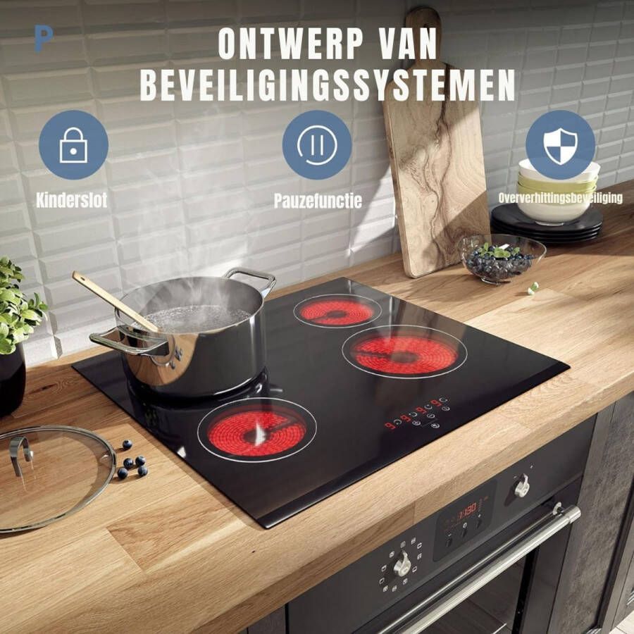 MMP Elektrische Kookplaat 4 Pits Elektrische Fornuis Elektrische Kookplaat Vrijstaand 4 Kookzones Kinderslot Zwart 59cm x 52cm x 5cm