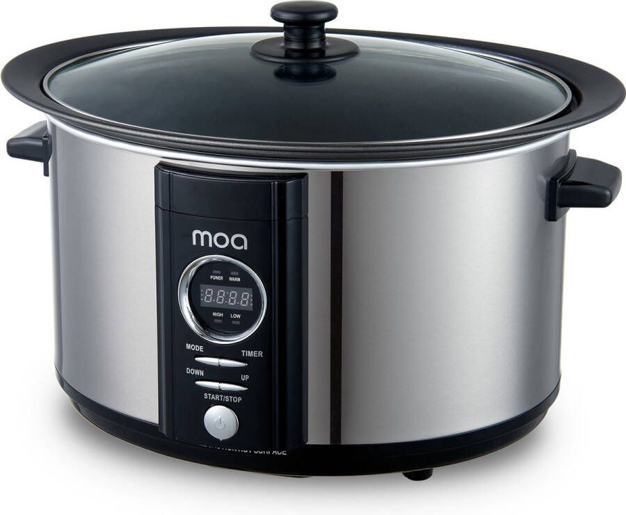 MOA Slowcooker met Timer 6 5L Ø 24 5cm Aluminium Binnenpan Doorzichtige Deksel 3 Warmtestanden Vaatwasserbestendig BPA-vrij RVS