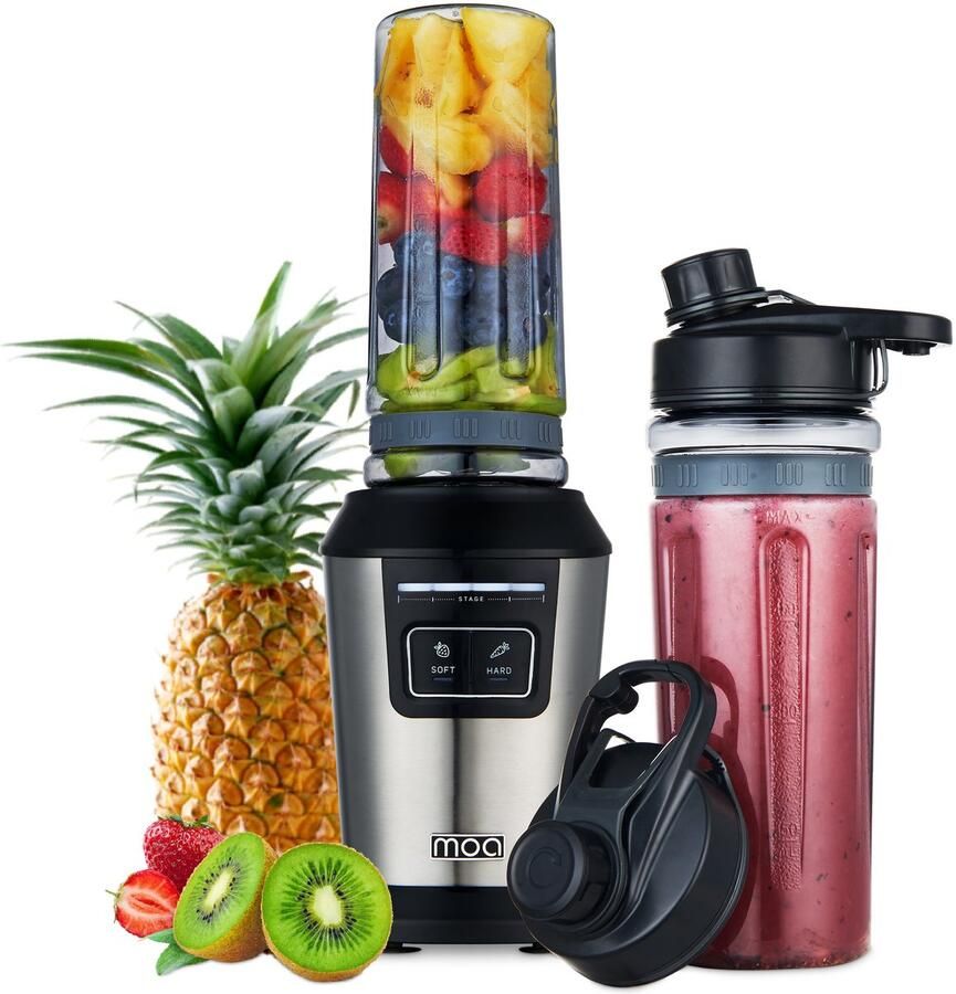 MOA Blender To Go BPA Vrij Smoothie Maker met 2 Tritan Bekers van 600ml Mini Blender 800W RVS Zilver - Foto 2