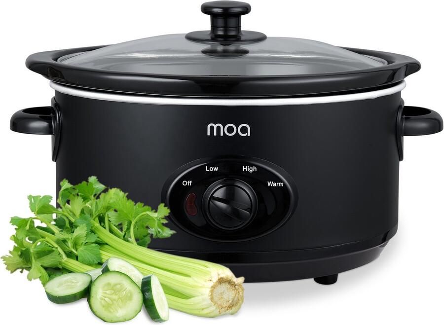 MOA Slowcooker 3 5L Ø 24 5cm Keramische Binnenpan Doorzichtige Deksel 3 Warmtestanden Vaatwasserbestendig BPA-Vrij RVS