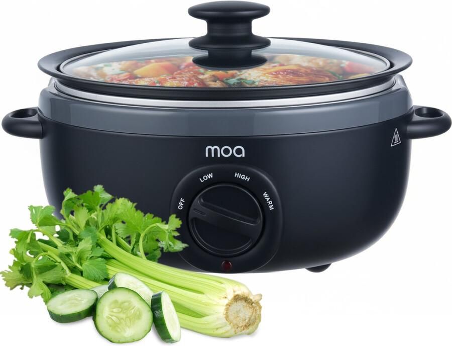 MOA Slowcooker 6 5L Ø 31cm Aluminium Binnenpan Doorzichtige Deksel 3 Warmtestanden Vaatwasserbestendig BPA-Vrij Zwart