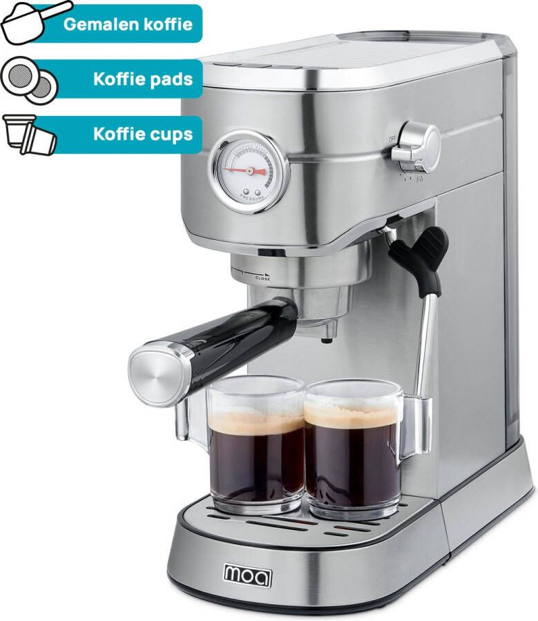MOA Pistonmachine Espresso & Lungo Koffiecups Gemalen koffie Koffiepads Zilver PM01S - Foto 2