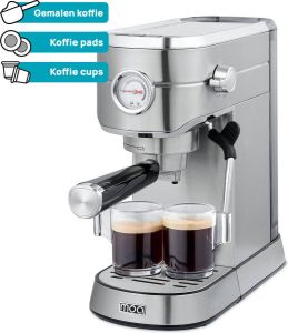 MOA Pistonmachine Espresso & Lungo Koffiecups Gemalen koffie Koffiepads Zilver PM01S