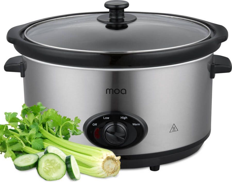 MOA Slowcooker 6 5L Ø 24 5cm Keramische Binnenpan Doorzichtige Deksel 3 Warmtestanden Vaatwasserbestendig BPA-Vrij RVS - Foto 3