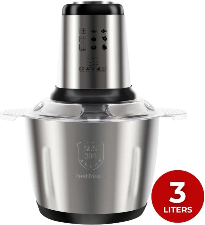 Modemix Foodprocessor – Elektrische Hakmolen – 1000W – 3 Liter RVS Kom – Voor Groente en Vlees – Zilver - Foto 2