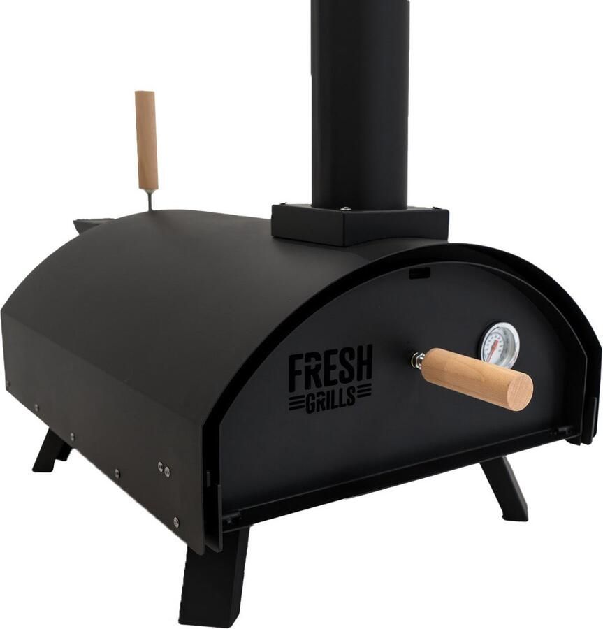 Monster Shop NL Tafel pizza oven voor buiten 30 cm 60 seconden kooktijd dubbelwandig draagbaar ingebouwde thermometer multi-brandstof houtskool hout pellets authentieke steenovenpizza's zwart staal