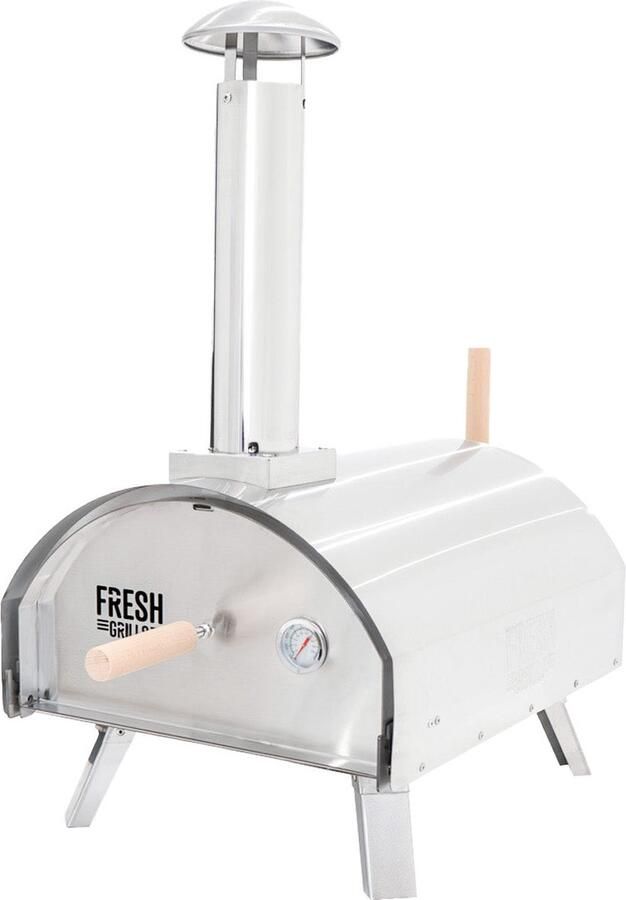 MonsterShop Buitentafelpizzaoven 35 cm 60 seconden kooktijd dubbelwandig draagbaar ingebouwde thermometer multi-fuel houtskool hout pellets authentieke steenovenpizza's 500°C zilver roestvrij staal