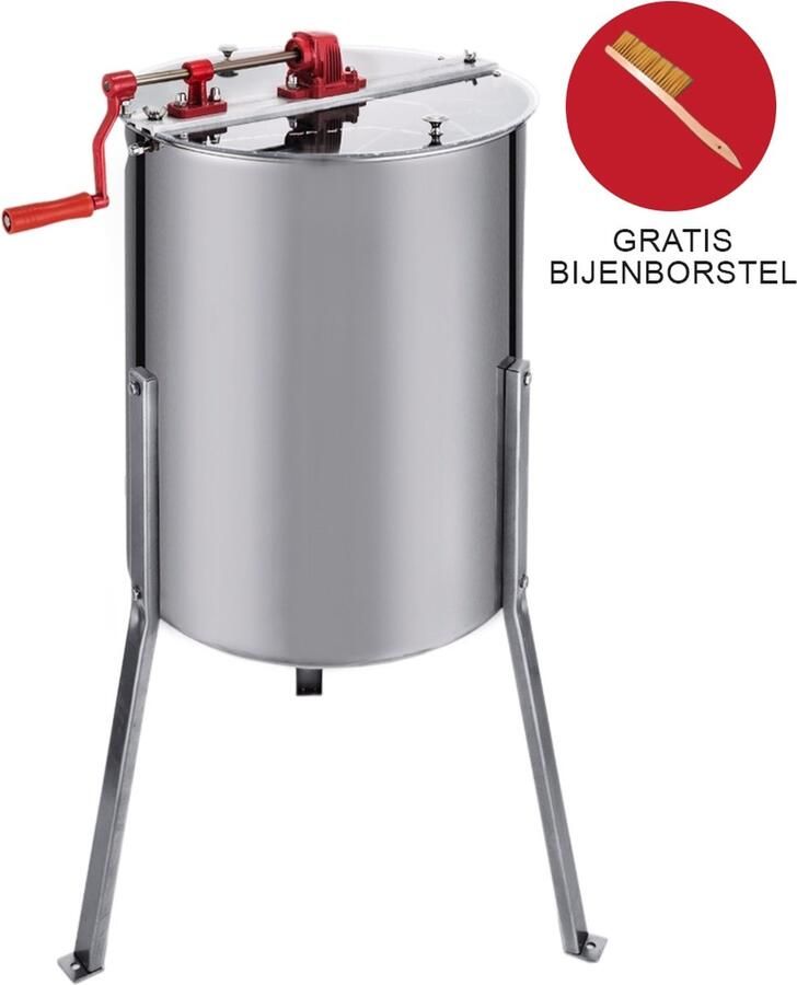 MonsterShop Honing Centrifuge Handmatig RVS Capaciteit: 4 Honingramen Inclusief bijenborstel honing extractor