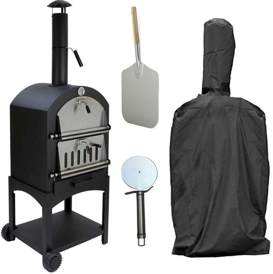 MonsterShop KuKoo Buiten Pizzaoven & Barbecue Draagbare Houtskool BBQ Tuinsmoker Mat Zwart Ø12 inch Inclusief Gratis Pizza Cutter Pizza Steen Pizza Peel en Waterdichte Regenhoes