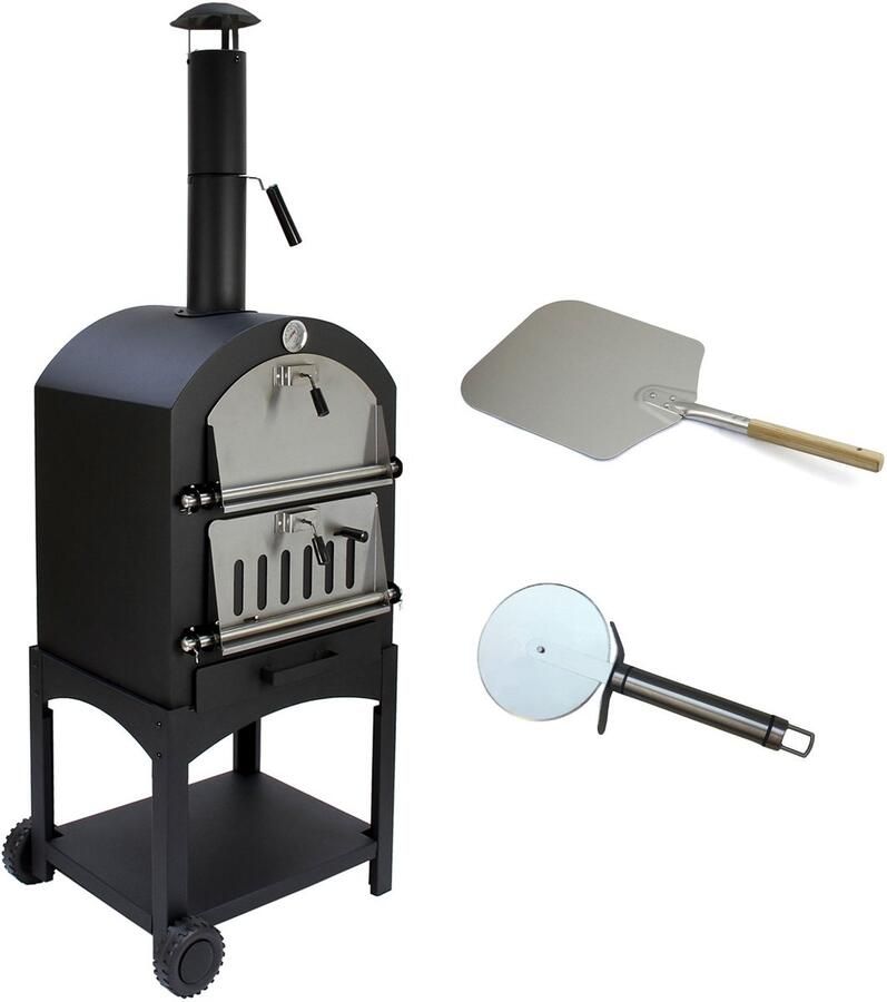 MonsterShop KuKoo Pizza oven buiten inclusief pizzaschep + pizzasnijder 64 cm x 43 cm x 156 cm houtskool -Staal multifunctionele buitenoven pizza bbq