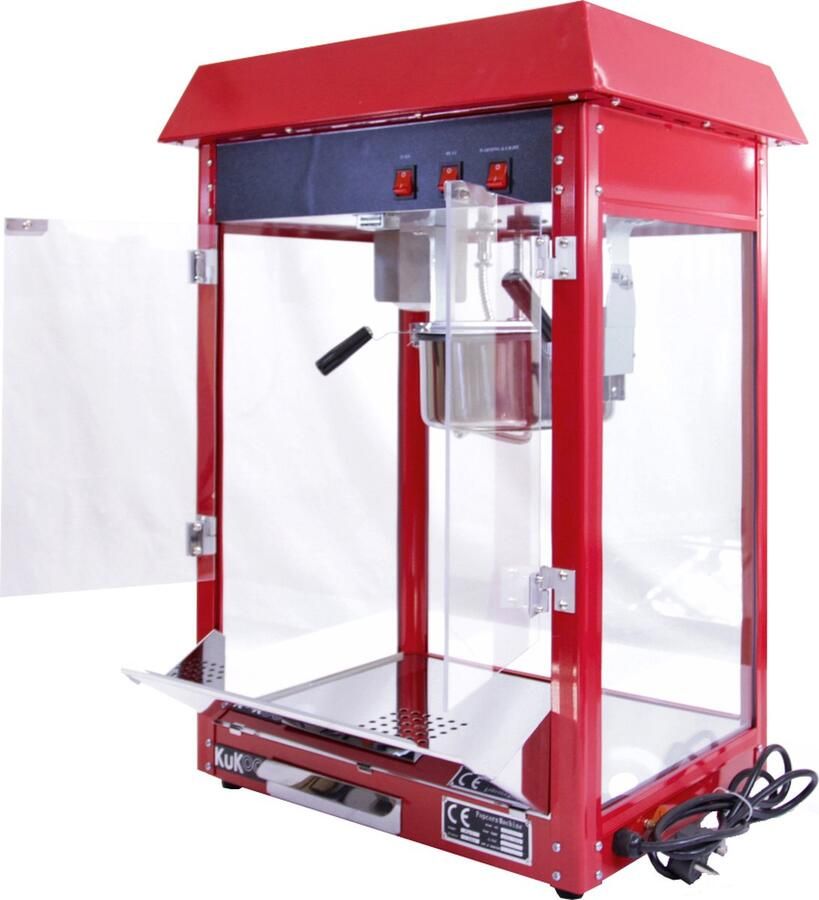 KuKoo Retro Popcorn Machine Popcornmaker Retro Look Rood Hittelamp 235ml grote pan 1.37kW bioscoop evenement