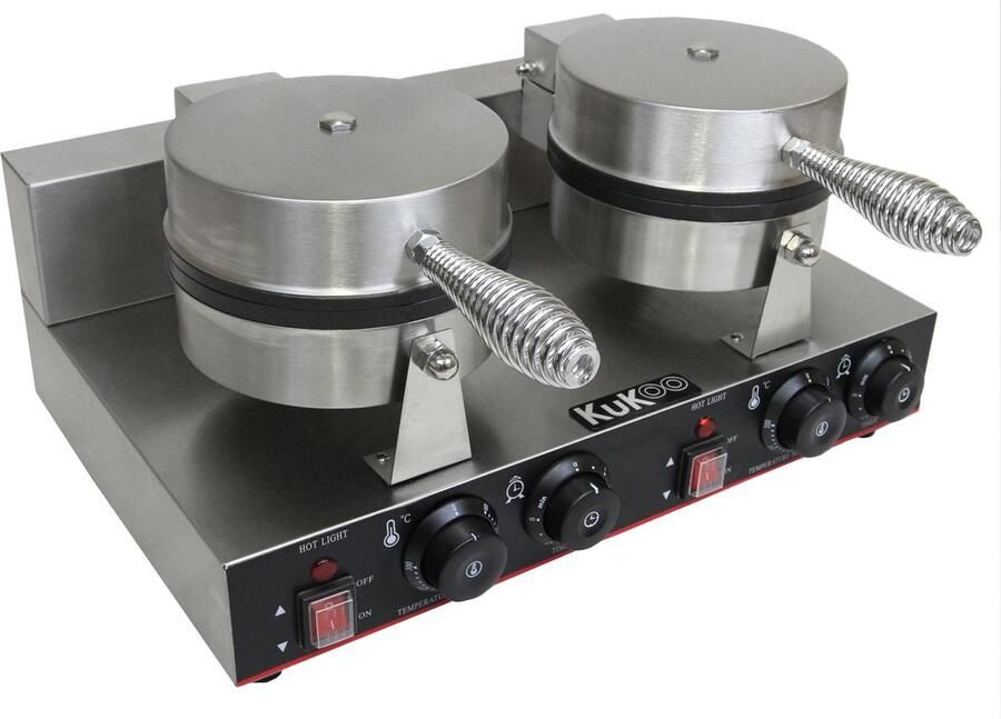 MonsterShop KuKoo Dubbele Wafelijzer 1000 W 5 min timer Temperatuur 50-250 ° C Roestvrij Staal Ergonomische Handgreep Gemakkelijk Schoon te Maken Ideaal voor Bars Restaurants en Catering