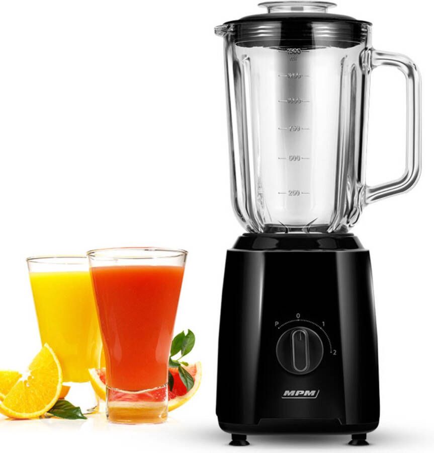 MPM Blender met Glazen Kan 1 5 Liter en RVS Messen 2 Snelheden + Puls-functie Ijsmaler 750W Zwart