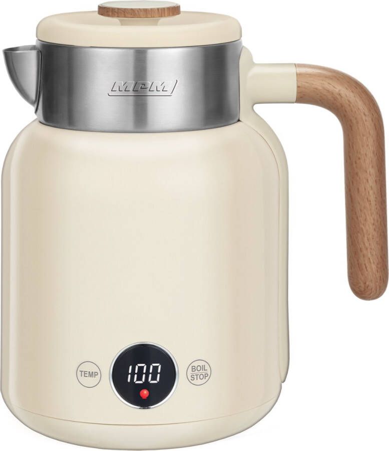 MPM Dubbelwandige Waterkoker 1.5 Liter Retro Woodlook met Temperatuur Instellingen 2200W Digitaal Display RVS Crème Beige