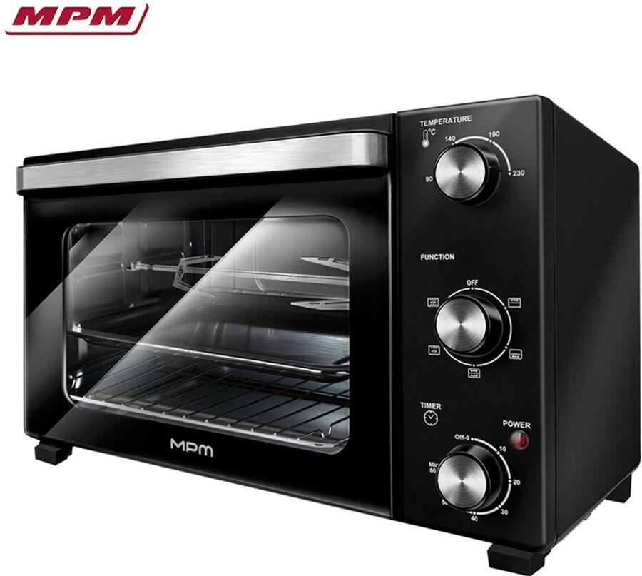 MPM MPE-17 T Mini Oven – Elektrische Oven 48L – Hetelucht – Roterende Grill – Dubbel Glas – 1500W – Zwart