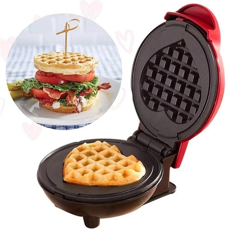 Mrilary 220V Home Hartvormig Wafelijzer Mini Ontbijtbrood Bakmachine Anti-aanbak Cakemachine Huishoudelijke artikelen Persoonlijk Anti-aanbak Hartvormig Wafelijzer Rood Wafels in Minuten Mini Hartvormig Ideaal voor Ontbijt Brunch Lunch of Snacks