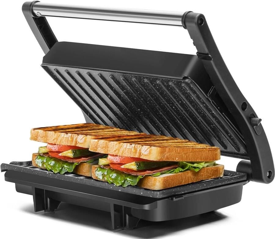 Mrilary Panini-grill 1000W sandwichmaker met keramische antiaanbakplaten opent 180 graden voor elk formaat voedsel 3-in-1 sandwichpers elektrische grill