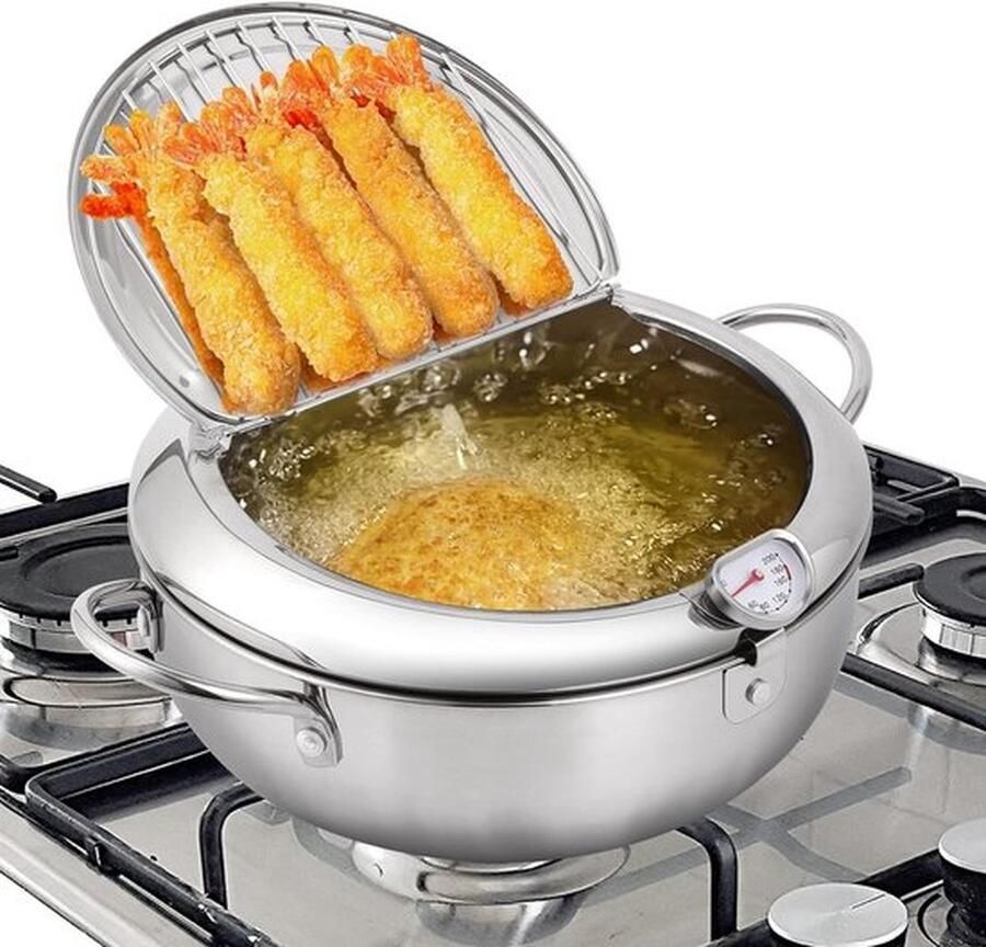 Mrilary Professionele Frituurpan Japanse RVS Tempura Frituurpan met Thermometer Complete Set met Deksel en Oliedruiprek Geschikt voor Friet Kip en Garnalen 28cm Keukenapparatuur