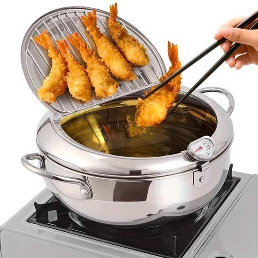 Mrilary Professionele Frituurpan van RVS Japanse Tempura Frituurpan 2.2L met Thermometer Inclusief Deksel en Oliedruiprek Ideaal voor Kip Garnalen en Friet (20cm)