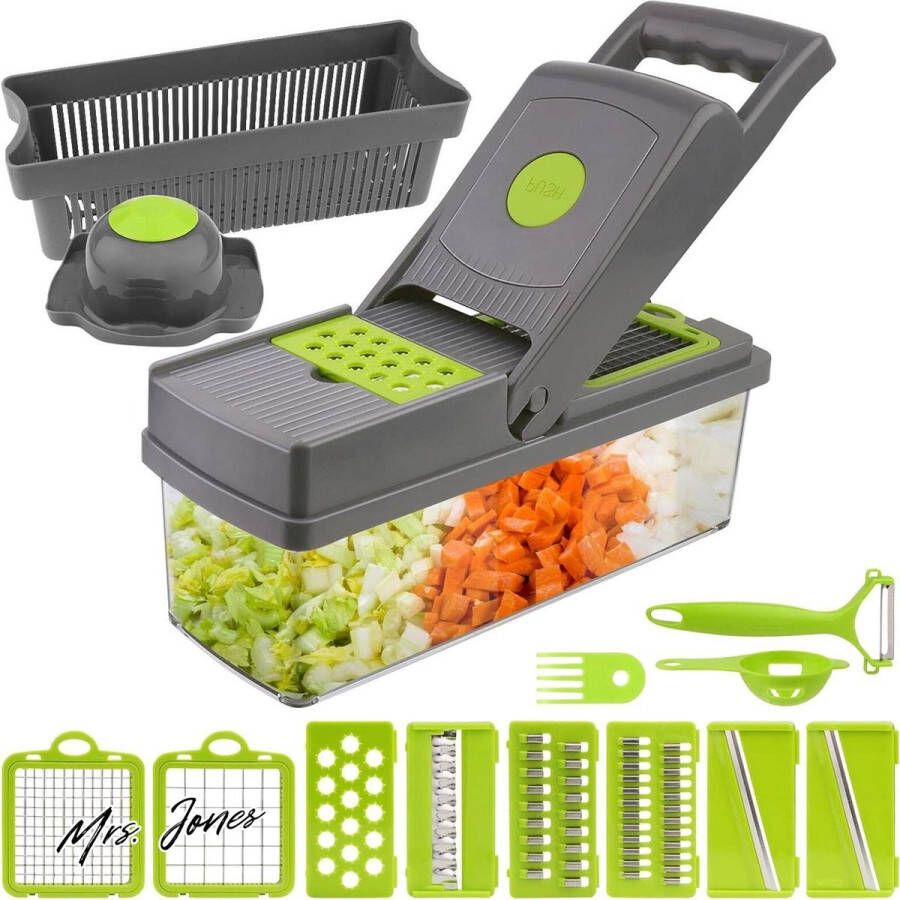 Mrs. Jones 15-in-1 multifunctionele groentesnijder mandoline groenteschaaf blokjessnijder roestvrij staal met 8 verwisselbare messen en eierscheider voor het snijden in blokjes snijden en raspen van keuken groenten
