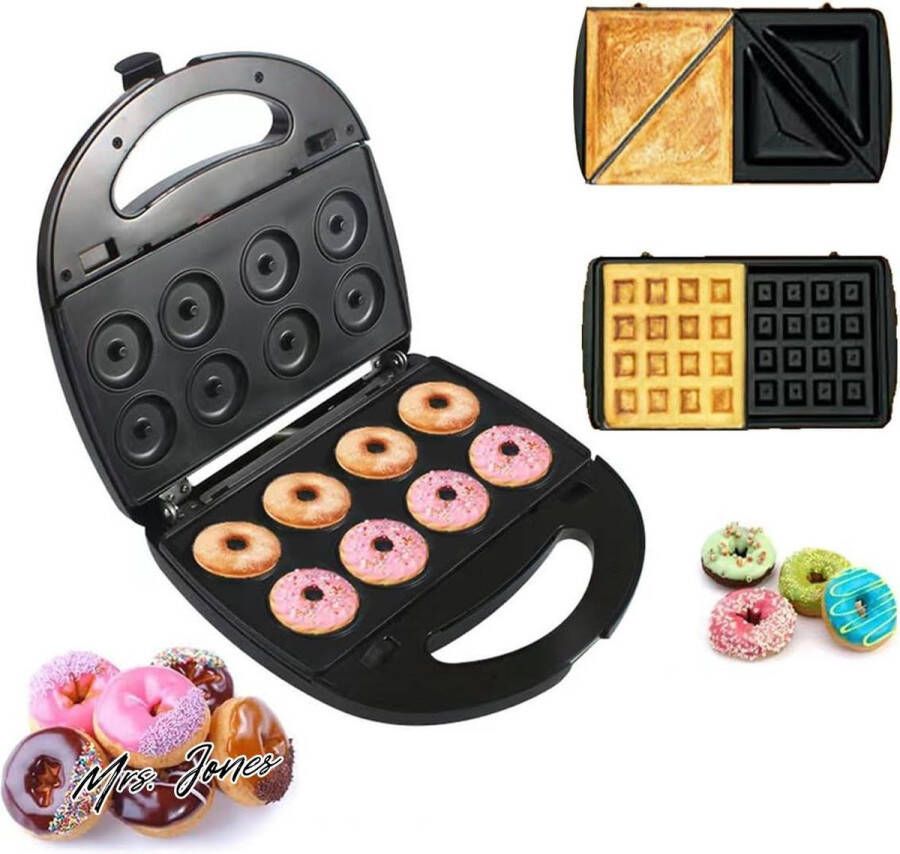 Mrs. Jones 3-in-1 Elektrische Wafels-Sandwich Machine Panini Pers Grill Iron Set met 3 verwisselbare Antiaanbakplaten 750W Afneembare Dessert Toaster Perfect voor Ontbijt