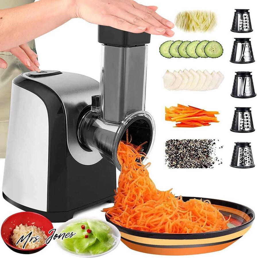 Mrs. Jones Automatische Elektrische Groenteschaaf Elektrische Keukenrasp Met 5 Kegelmessen 150 W Groenterasp Hakmolen Met Eén Knop