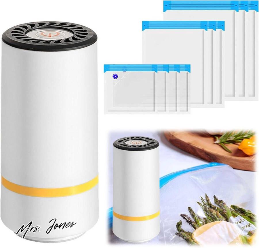 Mrs. Jones automatische vacuümsealer draagbare vacuümmachine grote zuigkracht vacuümapparaat levering met 2 clips + 6 vacuümzakken + vochtige afzuigemmer wit