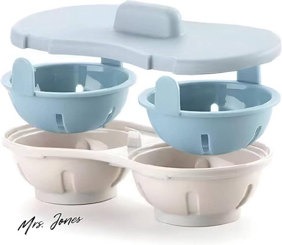Mrs. Jones Eierkoker Magnetron Egg Cooker Poacher Gepocheerd Ei Kit met Zeef Mand Stroperijen Vaatwasserbestendig