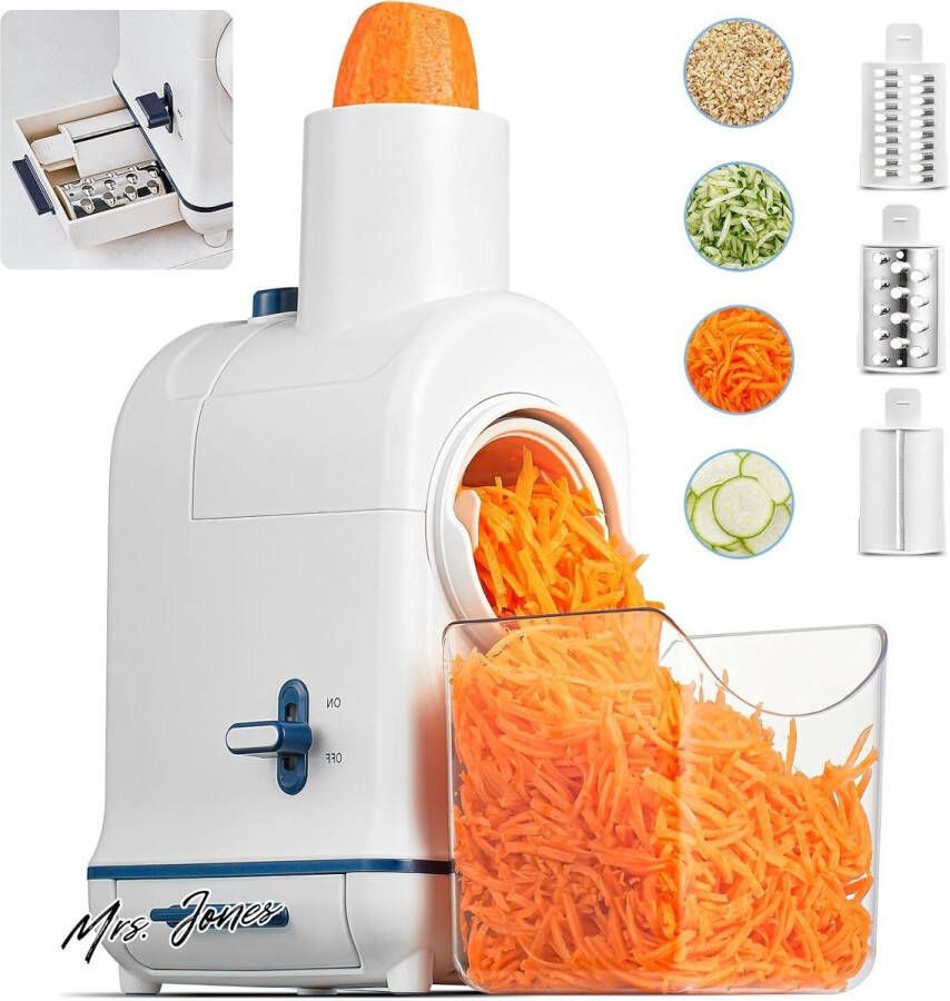 Mrs. Jones Elektrische groentesnijder kaasrasp en groenteschaaf met grote vulschacht voor hele wortelen aardappelen 3 inzetstukken en stille motor opbergbox-upgrade