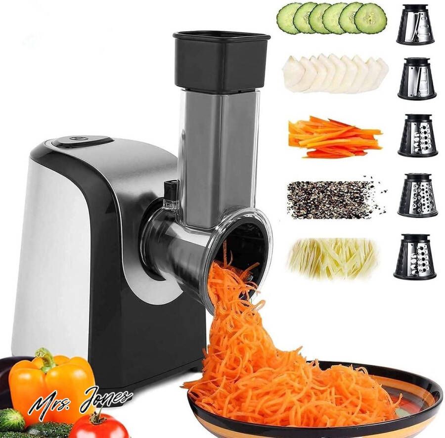 Mrs. Jones Elektrische groentesnijder multifunctionele hakmolen rasp 150 W 5 roestvrijstalen kegels zilverkleurig met snoeropbergsysteem