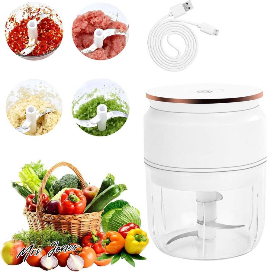 Mrs. Jones Elektrische multifunctionele uiensnijder 300 ml hakmolen oplaadbaar groentesnijder voor vlees knoflook fruit