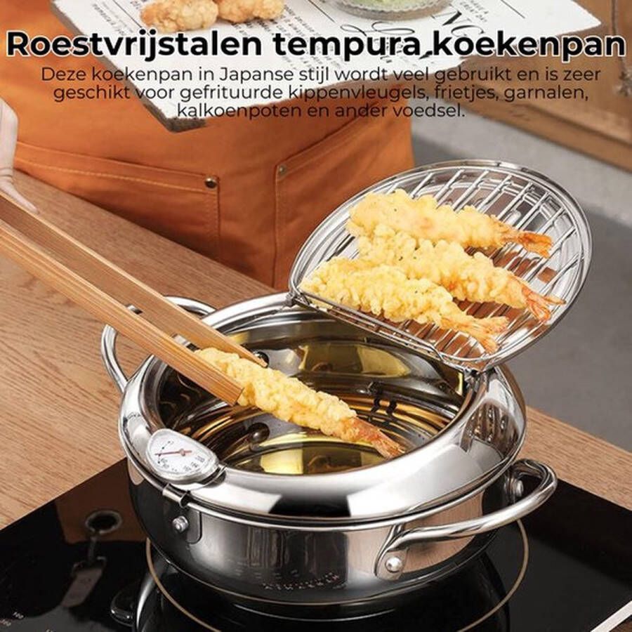 Mrs. Jones Japanse Frituurpan Mini Friteuse Diameter 24cm Mini Frituurpan Milieuvriendelijk – Kleine Frituurpan Roestvrijstaal – Friteuse 2 Liter – Makkelijk Schoon te Maken – Frituurpan 2 Liter – met Thermometer Zilver