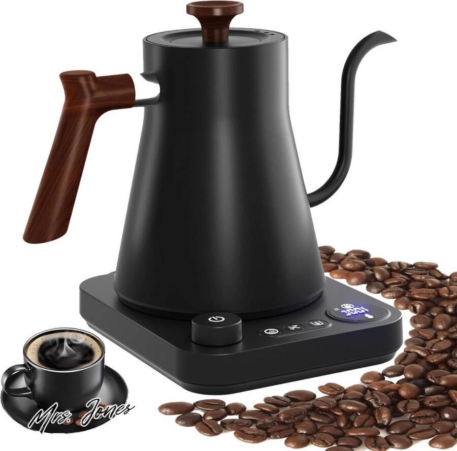 Mrs. Jones Elektrische zwanenhals waterkoker met LCD-display en real-time temperatuurregeling warmwaterketel voor koffie en thee schakelbare °C ℃ 1200 Watt snelle verwarmingspot 09 l