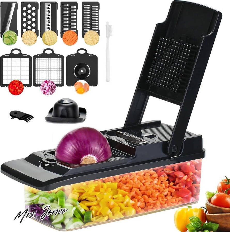 Mrs. Jones Multifunctionele groentesnijder professionele keukenmandoline 15-in-1 handmatige groentesnijder met 7 messen voor wortel aardappel uien tomaten zwart