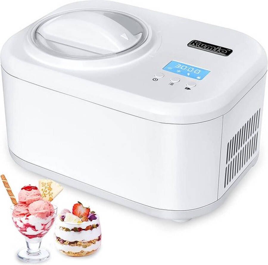 Mrs. Jones Professionele IJsmachine Zelfvriezend 1L Kom IJsmaker met Compressor Yoghurtijsmaker met LCD Display Timer Doorzichtig Wit