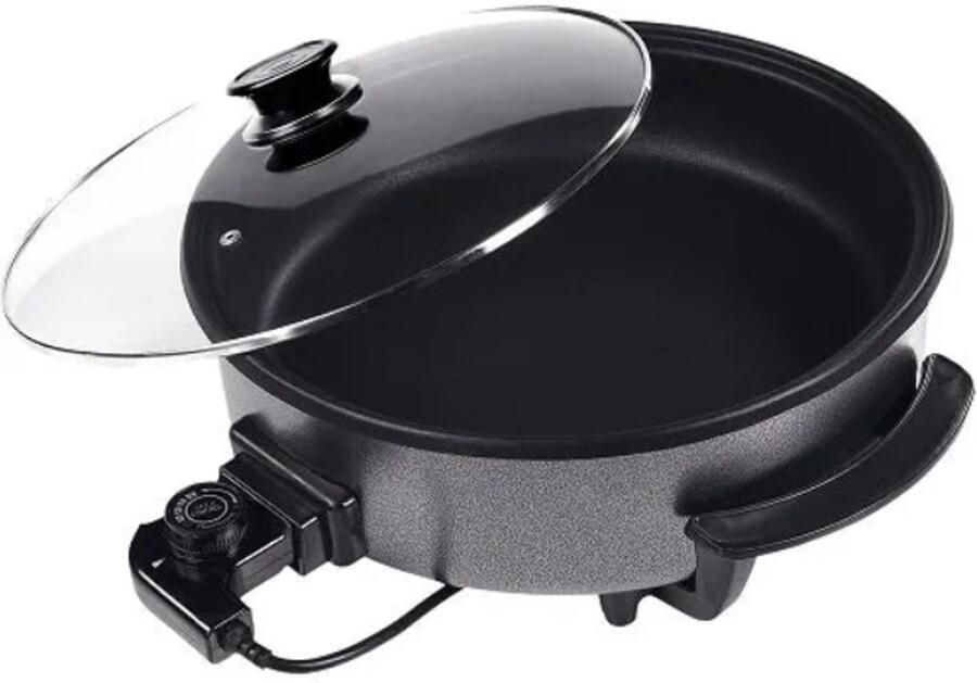 Mulex MX015 elektrische hapjespan met deksel Ø42cm en 9cm diep Partypan Pizzapan XXL 1500W elektrische pan met antiaanbaklaag Snackpan met 5 regelbare warmteniveaus Zwart