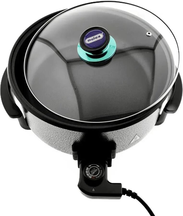 Mulex MX011 elektrische hapjespan met deksel Ø32cm en 9cm diep Partypan Pizzapan 1500W elektrische pan met antiaanbaklaag snackpan met 5 regelbare warmteniveaus zwart