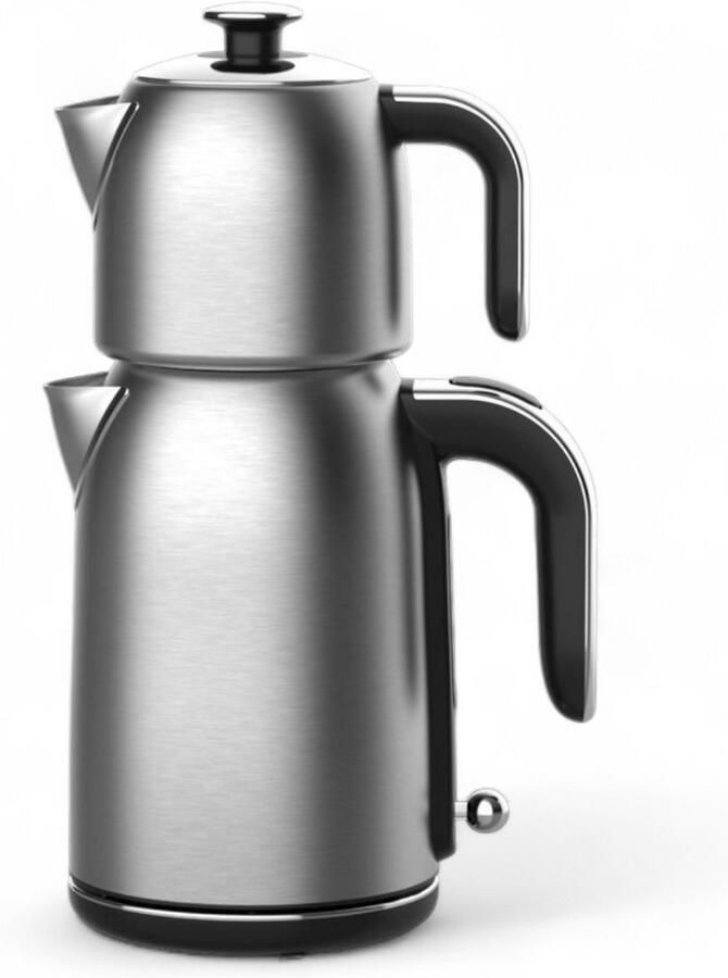 Mulex MX063 Tee express elektrische Turkse theepot Mat Zilver Rvs 1.7L + 1.0L Led-indicator 360° basis 1850 W