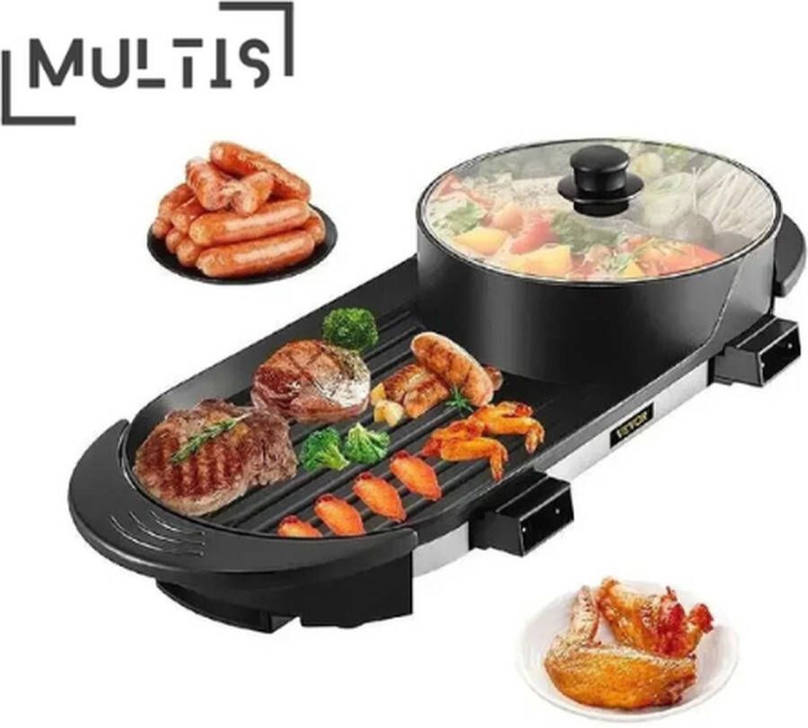 Multis Grillplaat Elektrische Barbecue BBQ Elektrisch Grill Apparaat Inclusief Pan 2-in-1 Bakplaat Elektrisch Hot Pot Instelbare Temperatuur Temperatuurregelaar
