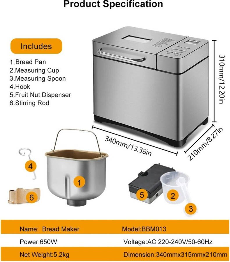 MyGroot Automatische Broodmachine 650W Programmeerbare Broodmachine Digitale Touchpanel Mix Kneden Bakfruit Dispenser