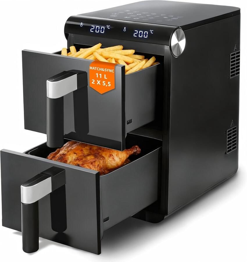 #N Glitzerlife Heteluchtfriteuse Dual-Zone Dual-Chamber 11L Heteluchtfriteuse 13-in-1 2800W Touchscreen Timer en Temperatuurregeling Zwart Huishoudelijke Heteluchtfriteuse voor Dagelijks Koken