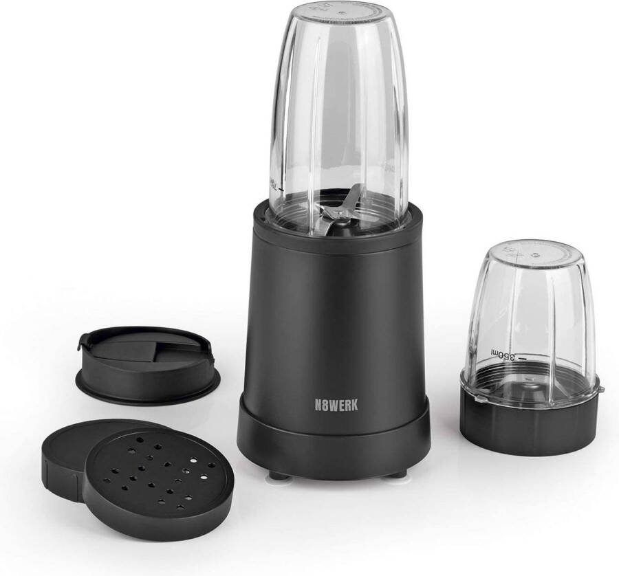 N8WERK Nutrition Mixer in de Midnight Edition blender voor smoothies en cocktails ice crush functie roestvrijstalen messen 700 ml en 350 ml mengcontainer met to-go deksel 800 watt zwart