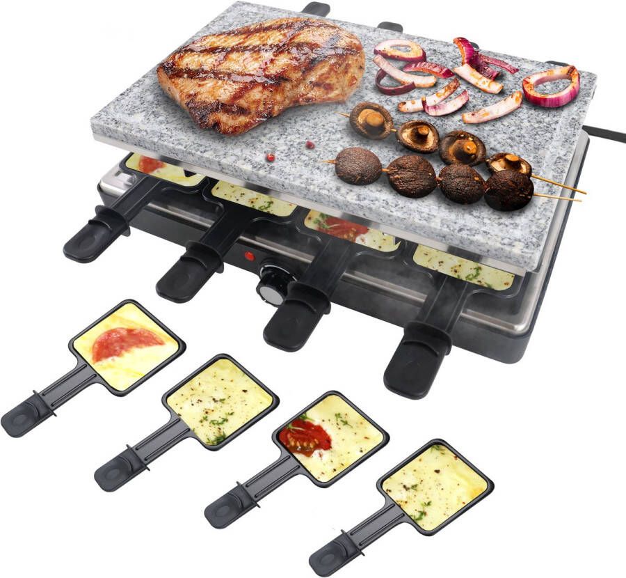 NAIZY Raclette 8 persoons Gourmetstel 1400W met 8 pannen 2 granieten platen en antiaanbakplaat Elektrische grill Tafelgrill Feestgrill Elektrische grill Temperatuurregeling voor grillen