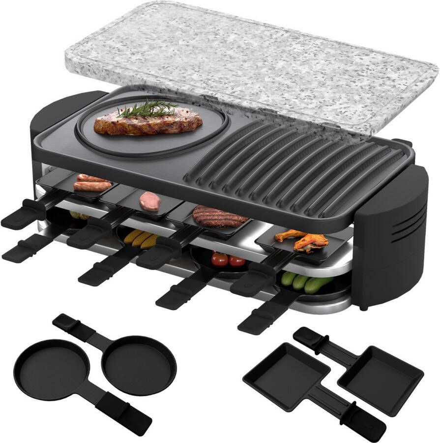 NAIZY Raclette Grill voor 8 personen 1600W elektrische raclettegrill met 14 pannetjes granieten blad en antiaanbakplaat tafelgrill partygrill elektrische grill met temperatuurregeling