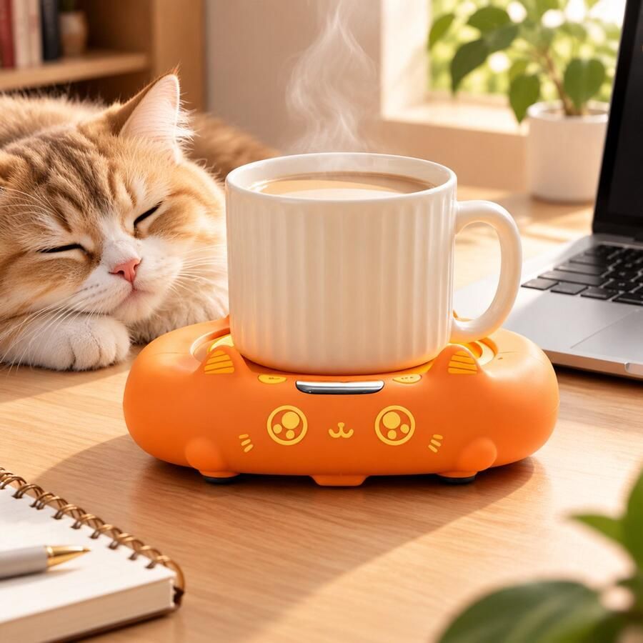Namajunas Katvormige Warmhoudplaat voor Koffie & Thee Elektrische Mok Warmer 4 Temperatuurstanden Warmhoudonderzetter voor Bureau en Thuis Oranje