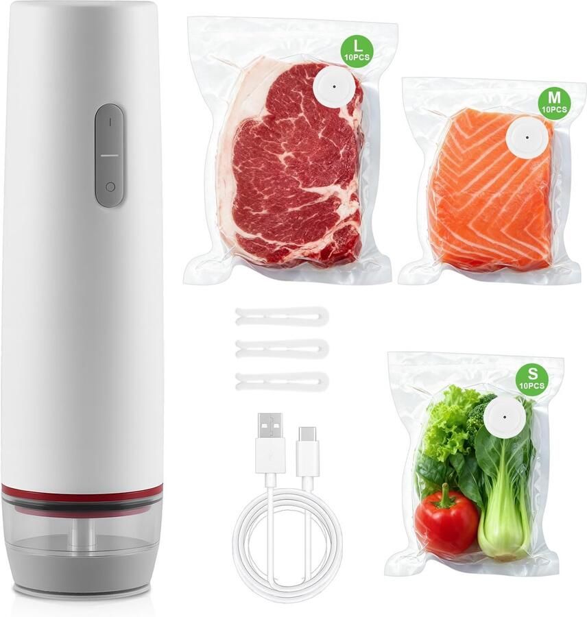 Namajunas Vacumeermachine Handvacuümmachines Vacuum Sealer met 30 Herbruikbare Vacuumzakken Oplaadbaar Handzaam vacuümaparaat voor thuis & reizen Wit