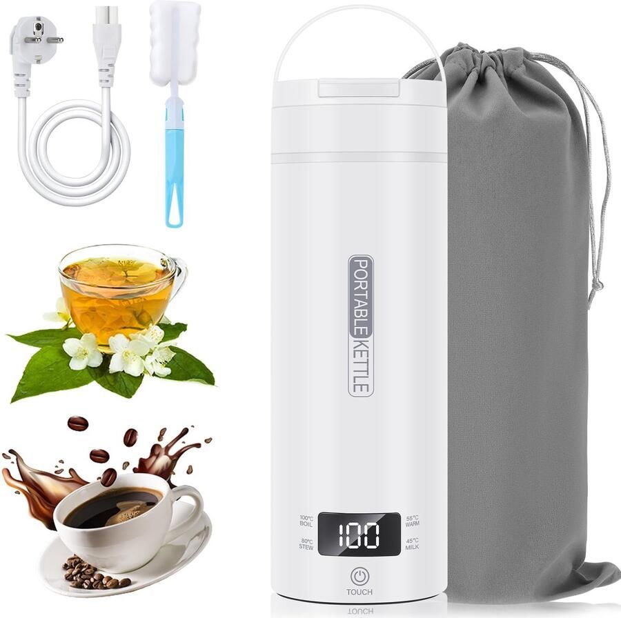 Namajunas Waterkoker met temperatuurregeling Elektrische reiswaterkoker Klein 500ML Warmhoudfunctie Display RVS Wit Thermosbeker travel mug Met schone borstel opbergtas Snel kokend water Voor babymelk thee koffie